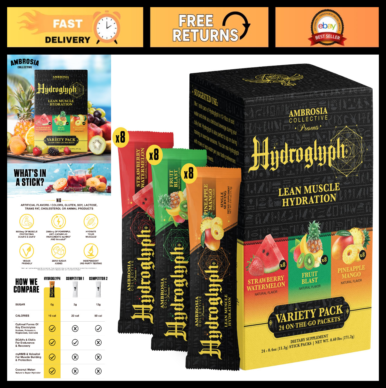 Electrolyte Powder for Fasting | EAA, BCAA & HMB | Sugar-Free Hydration | Vegan,