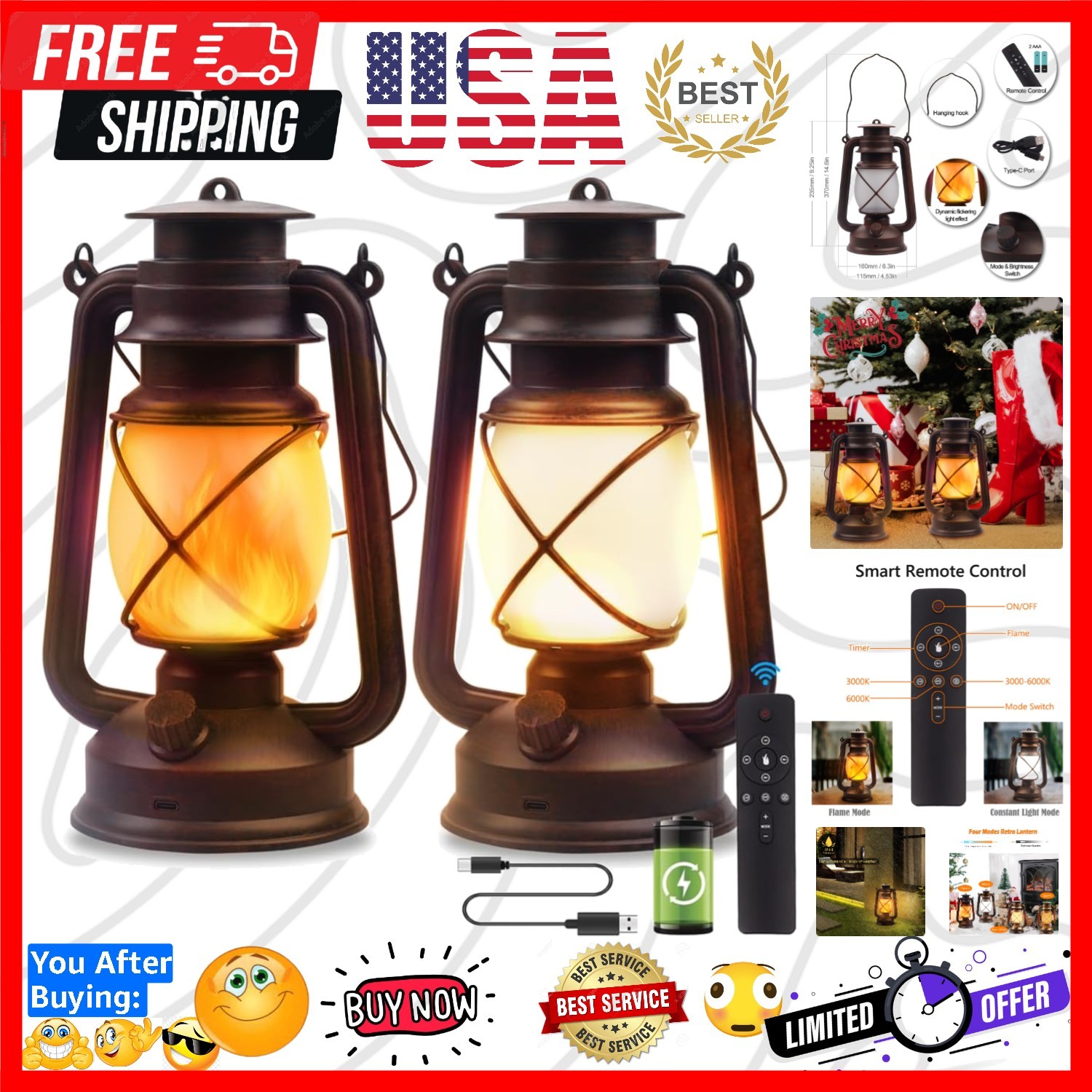 Waterproof Vintage LED Lanterns with Flickering Flame - 4 Modes & Remote Control