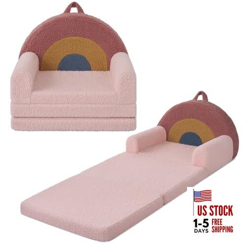 Foldable Toddler Couch, 2-in-1 Comfy Toddler Chair & Lounger for Blush Rainbow