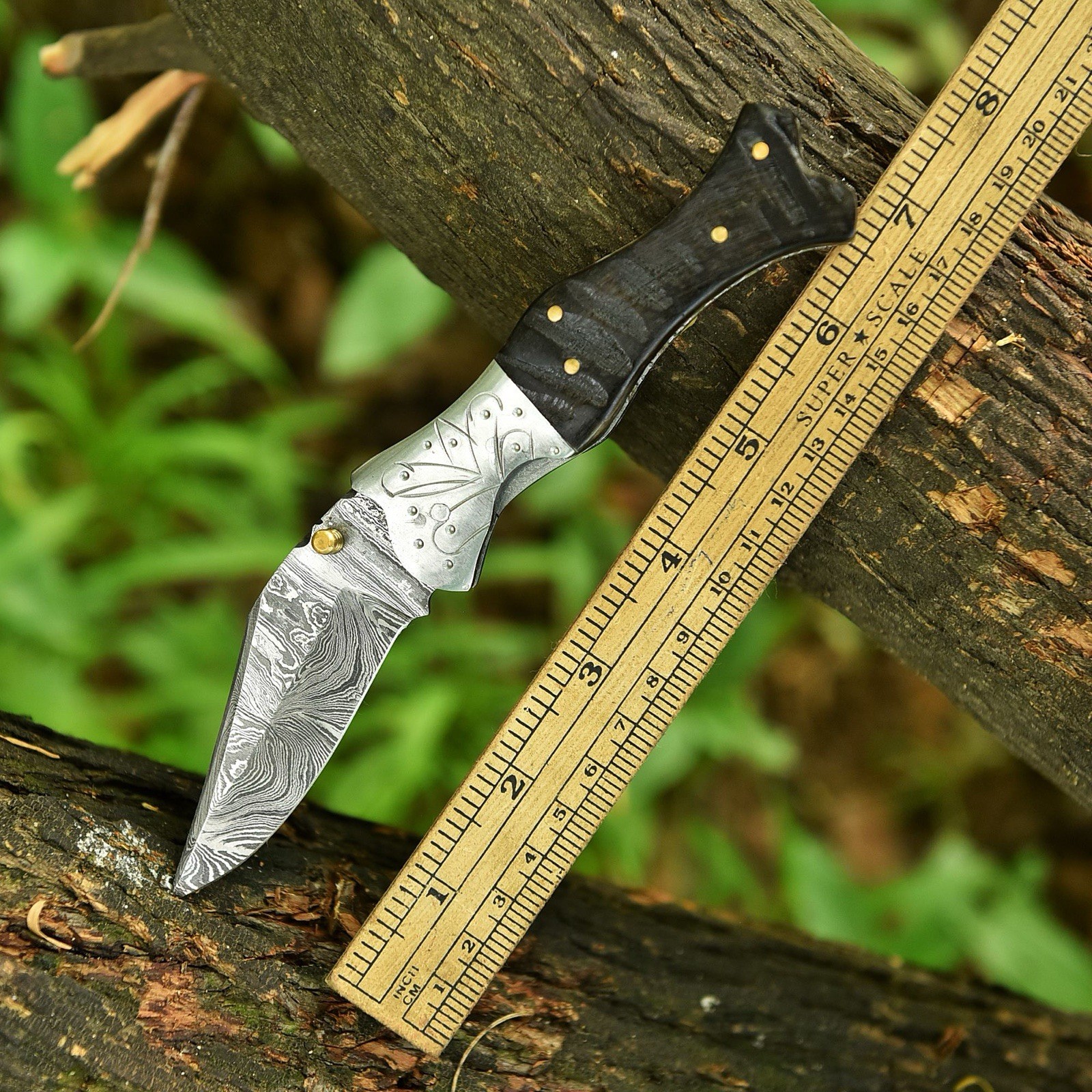 Damascus Folding Dagger Blade Pocket Knife Tactical-Double Edge