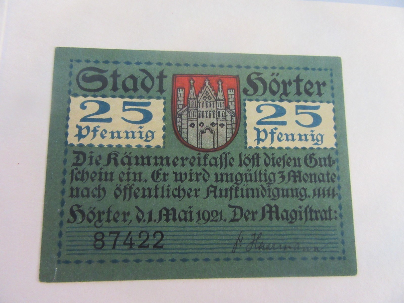 German Notgeld 25pf Note In Uncirculated Condition-1921 Issue  ~FREE SHIPPING~