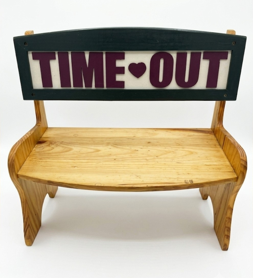 Wood Bench with Backrest, TIME OUT Bench, Hearts - 19in L x 17 3/4in H