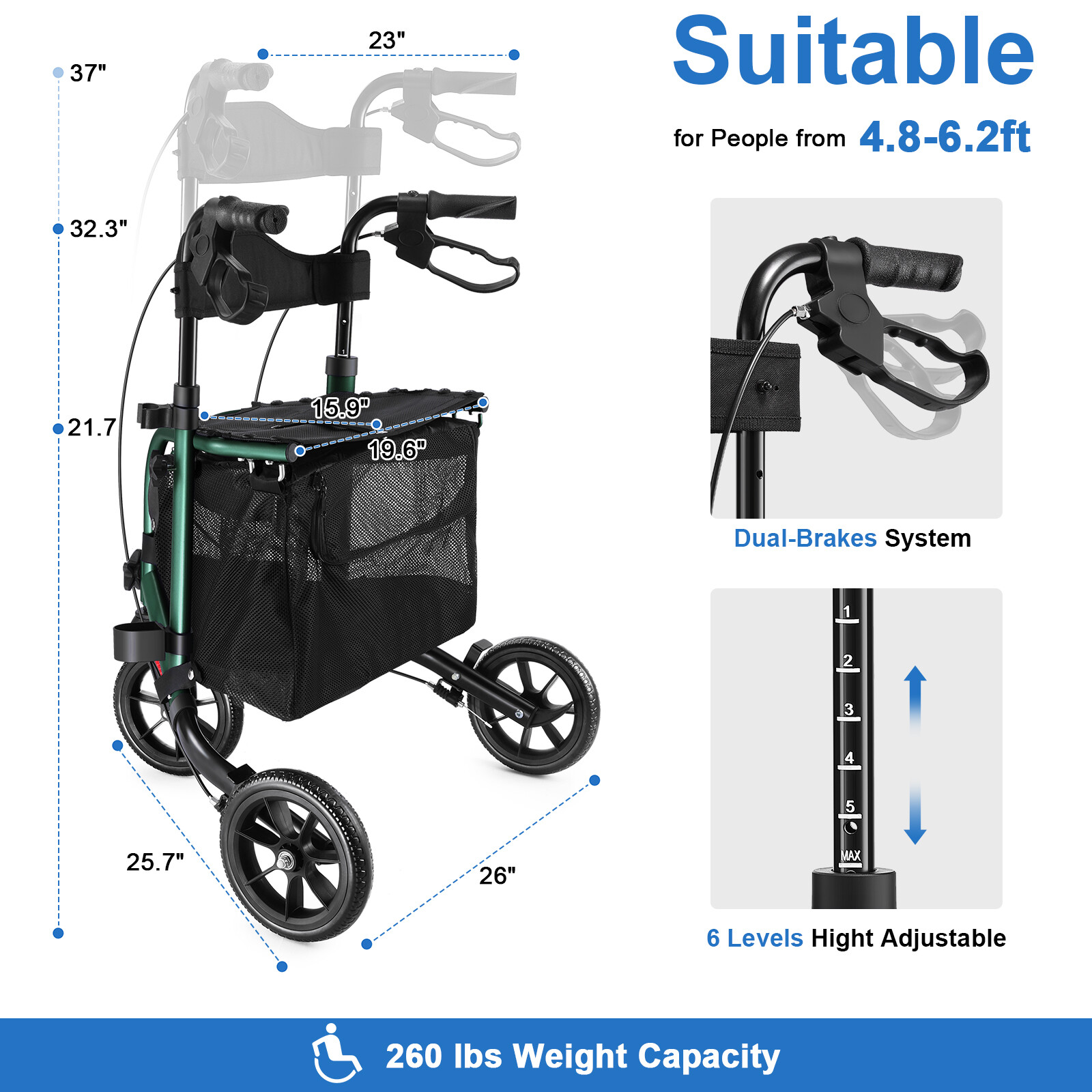 Rollator Walker with Seat Backrest – Lightweight, Aluminum Foldable, 8” Wheels