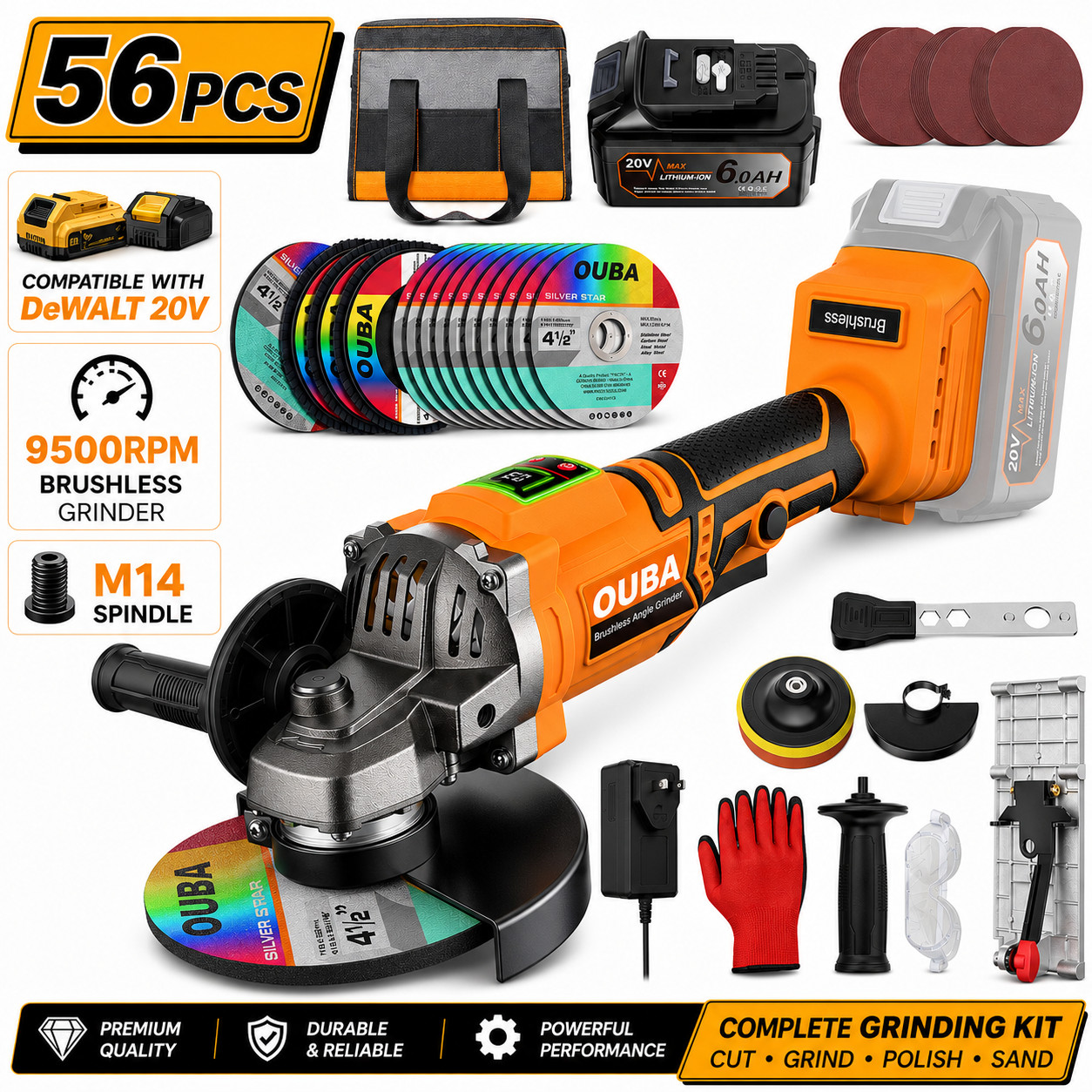 20V Brushless Cordless Angle Grinder 9500RPM 4.5"-5" 3-Speed w/ Battery & Stand