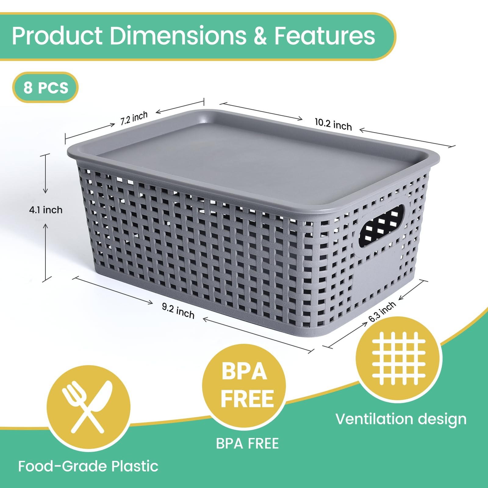 Ohmlove Plastic Storage Baskets with Lid - Stackable Containers Organizer Bins