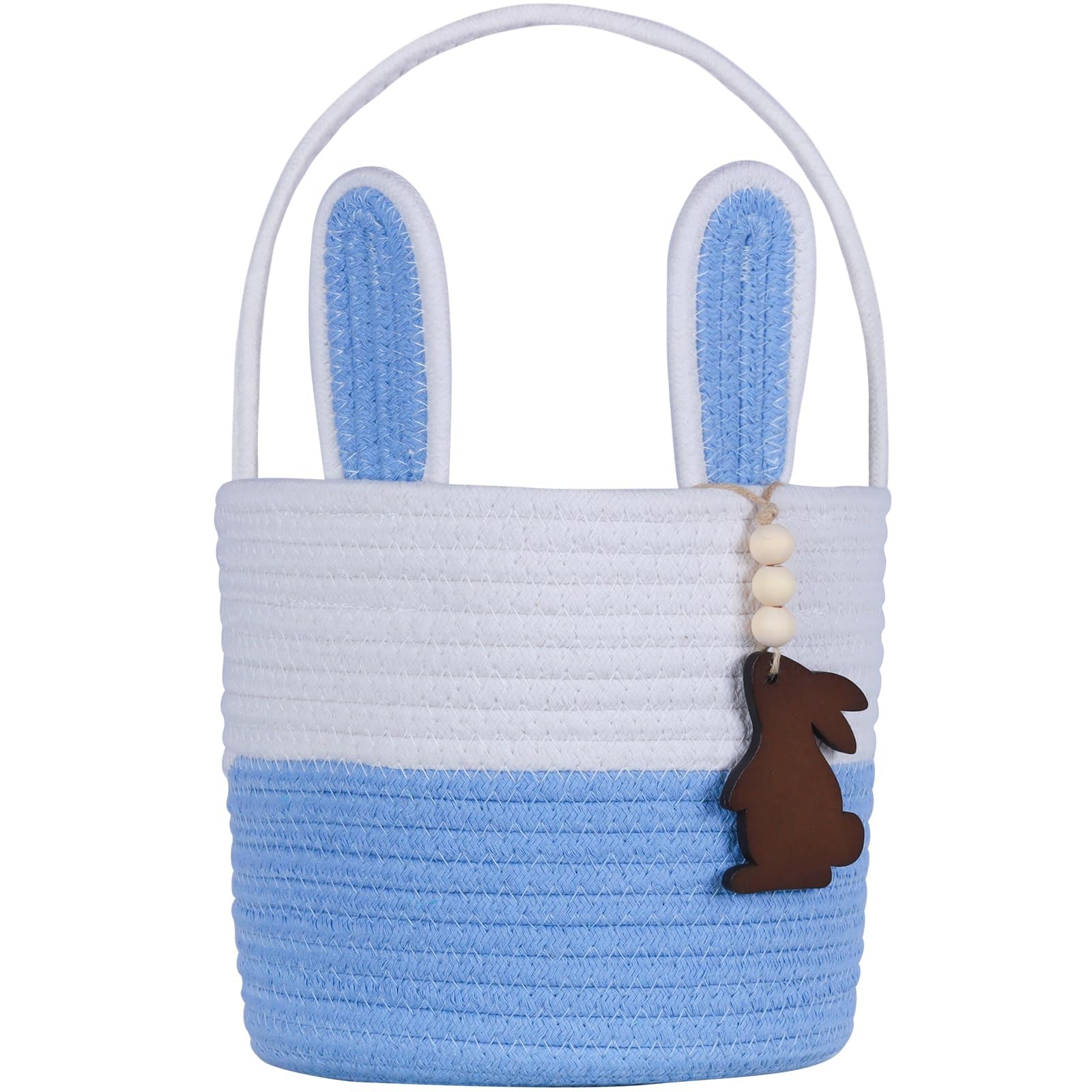 1 PCS Blue White Empty Easter Bunny Basket Name Tag Handle Kids