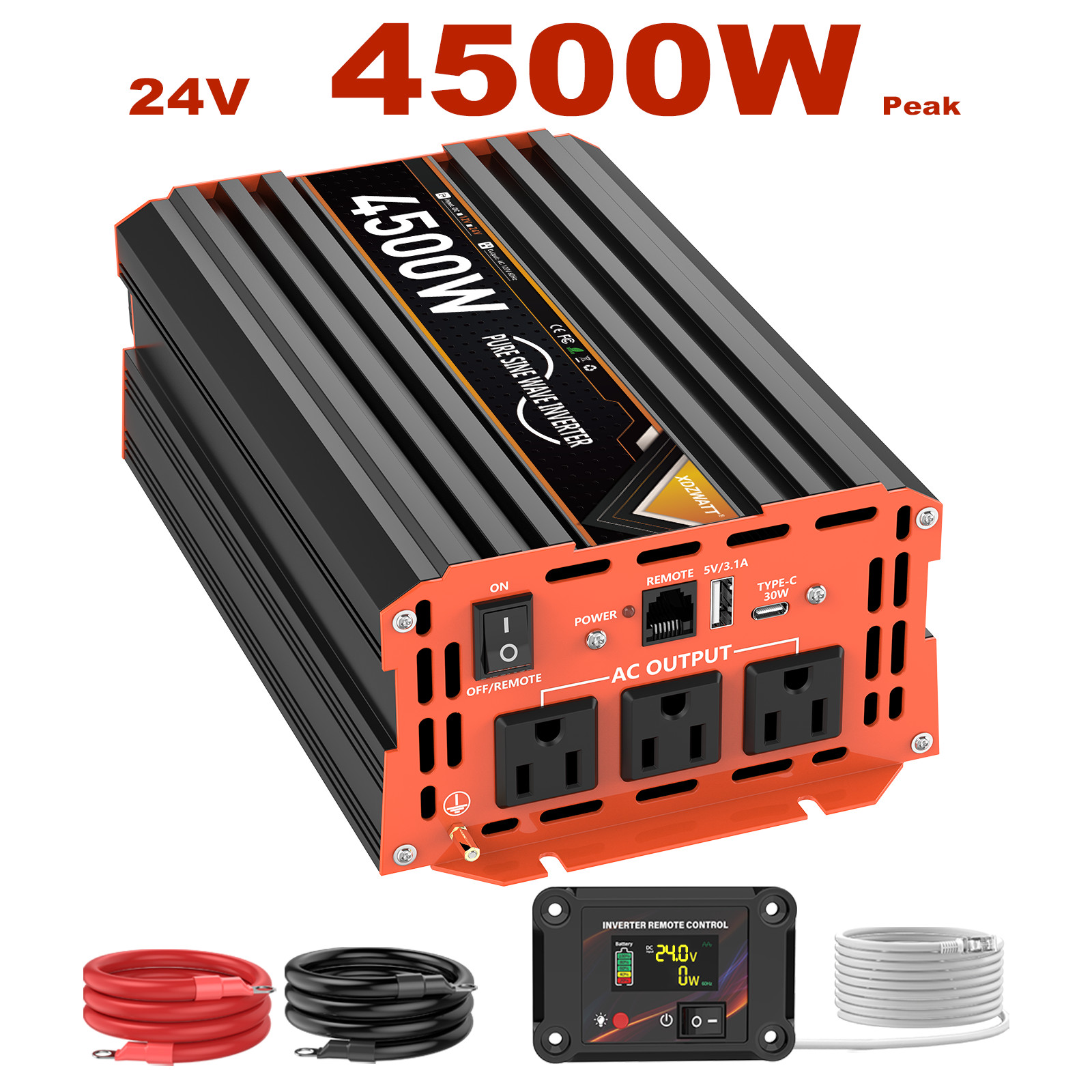 1500W/4500W pure Sine Wave Inverter | 24V DC to 110V AC + Dual USB | RV/Camp