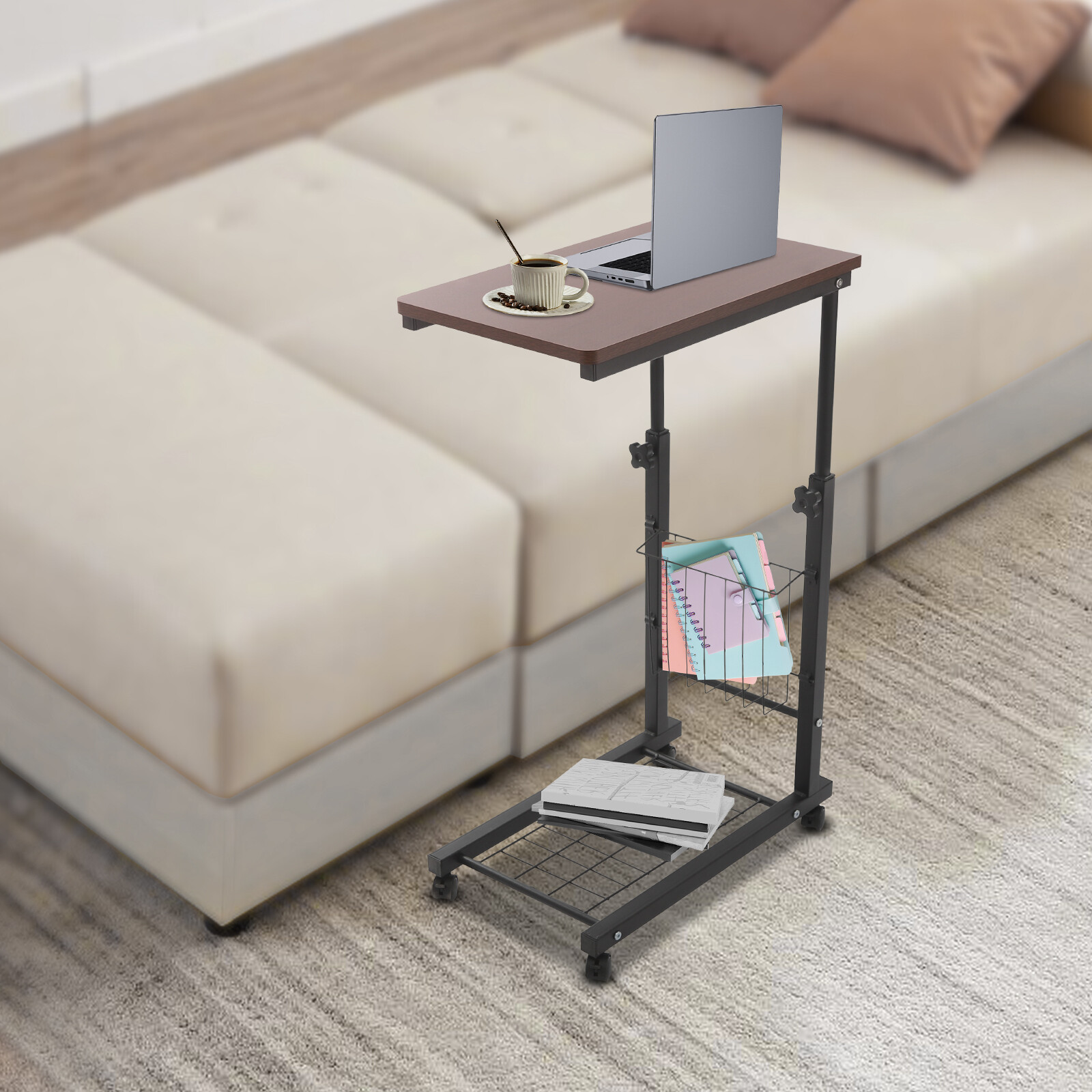 Adjustable Bed Side Table, Side Table with Wheels, Mobile Standalone TableUS