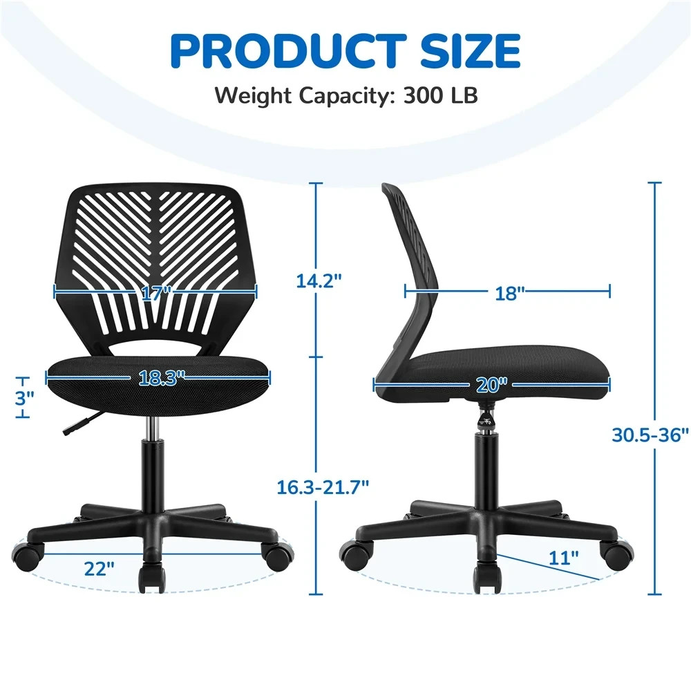 Alden Design Adjustable Armless Mid Back Office Chair, Black, Swivel