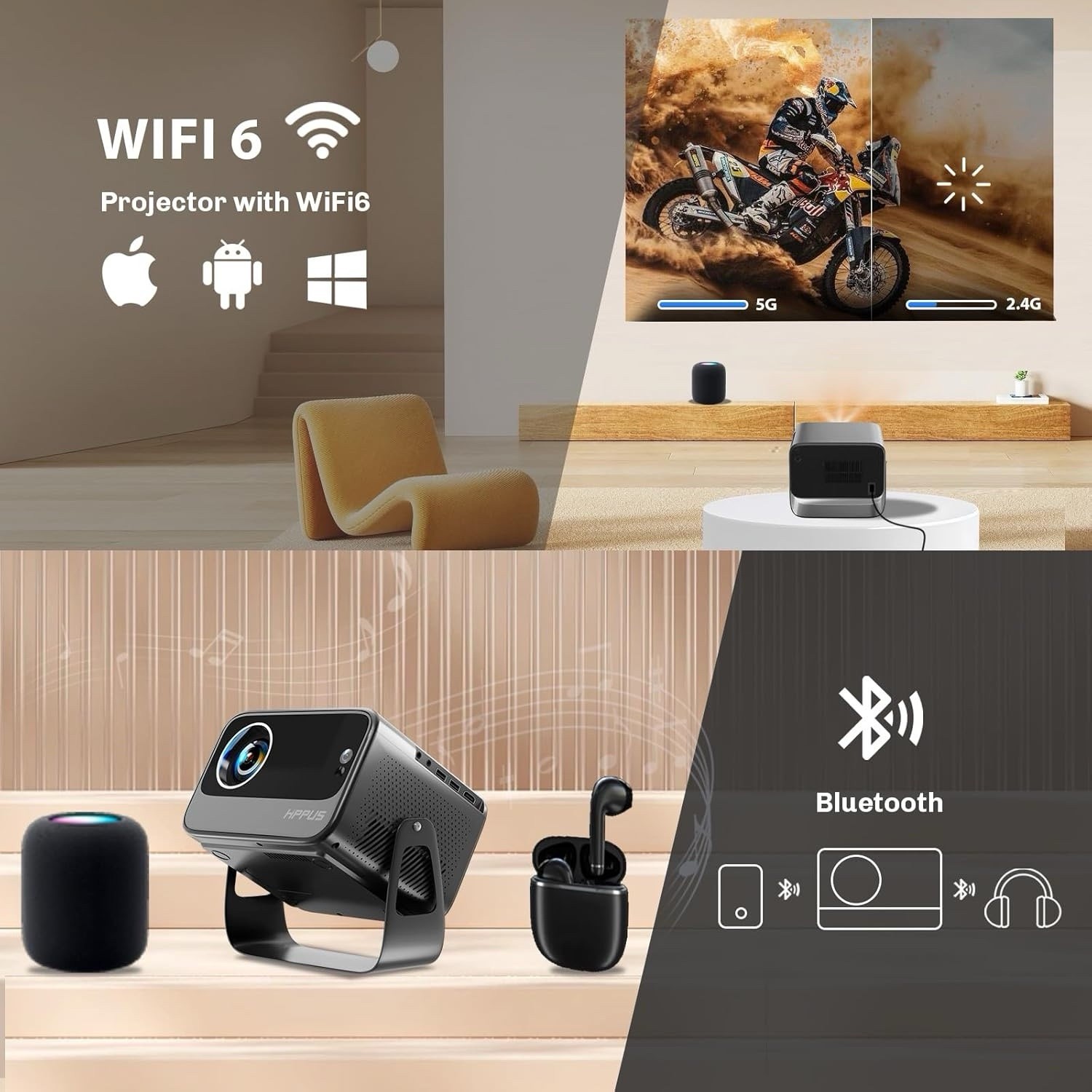 Smart Projector with Wifi and Bluetooth,Built-In Apps Auto Focus & Keystone,1080