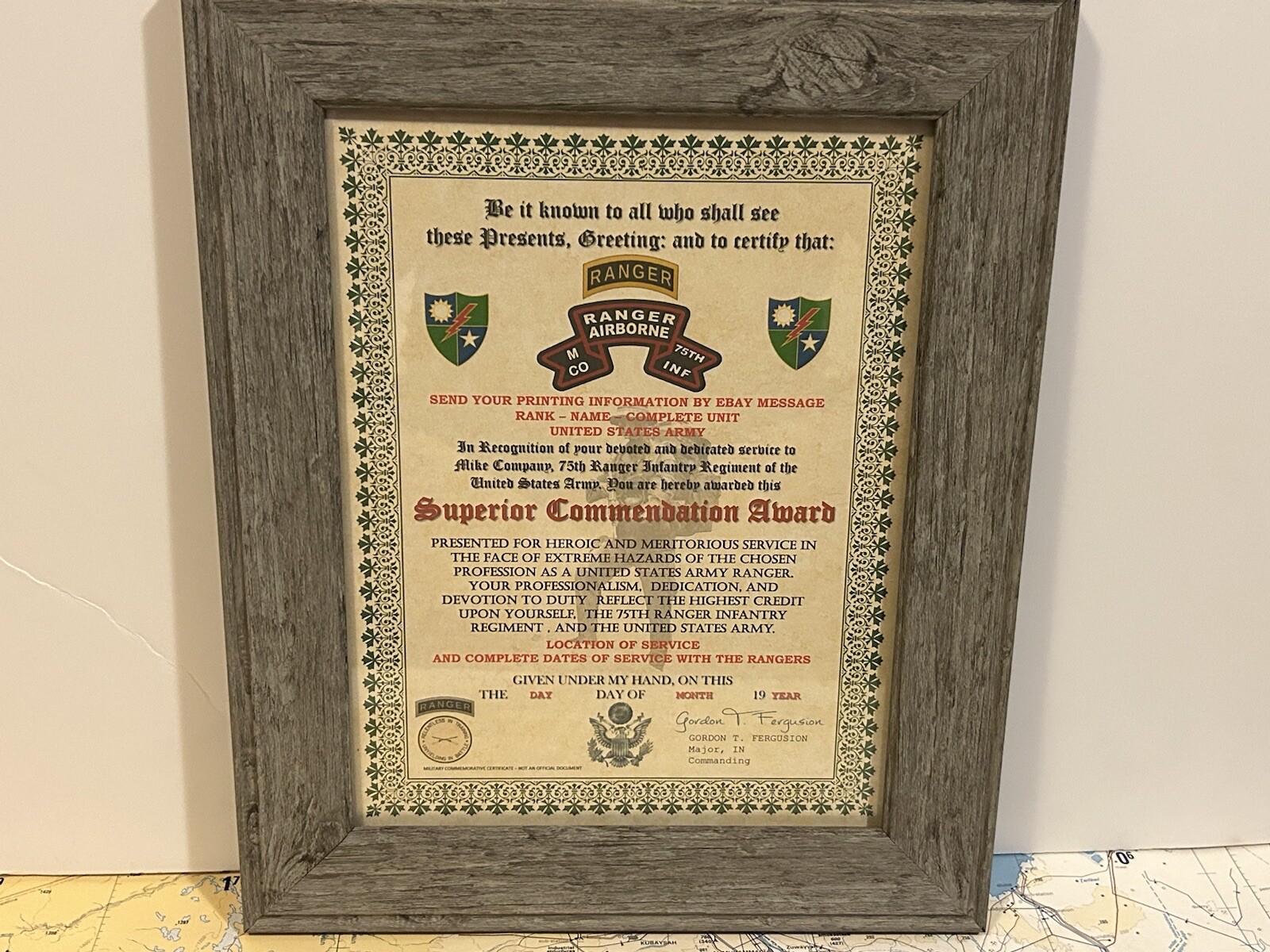 U.S. ARMY - 75TH RANGER / M CO - SUPERIOR COMMENDATION AWARD CERTIFICATE