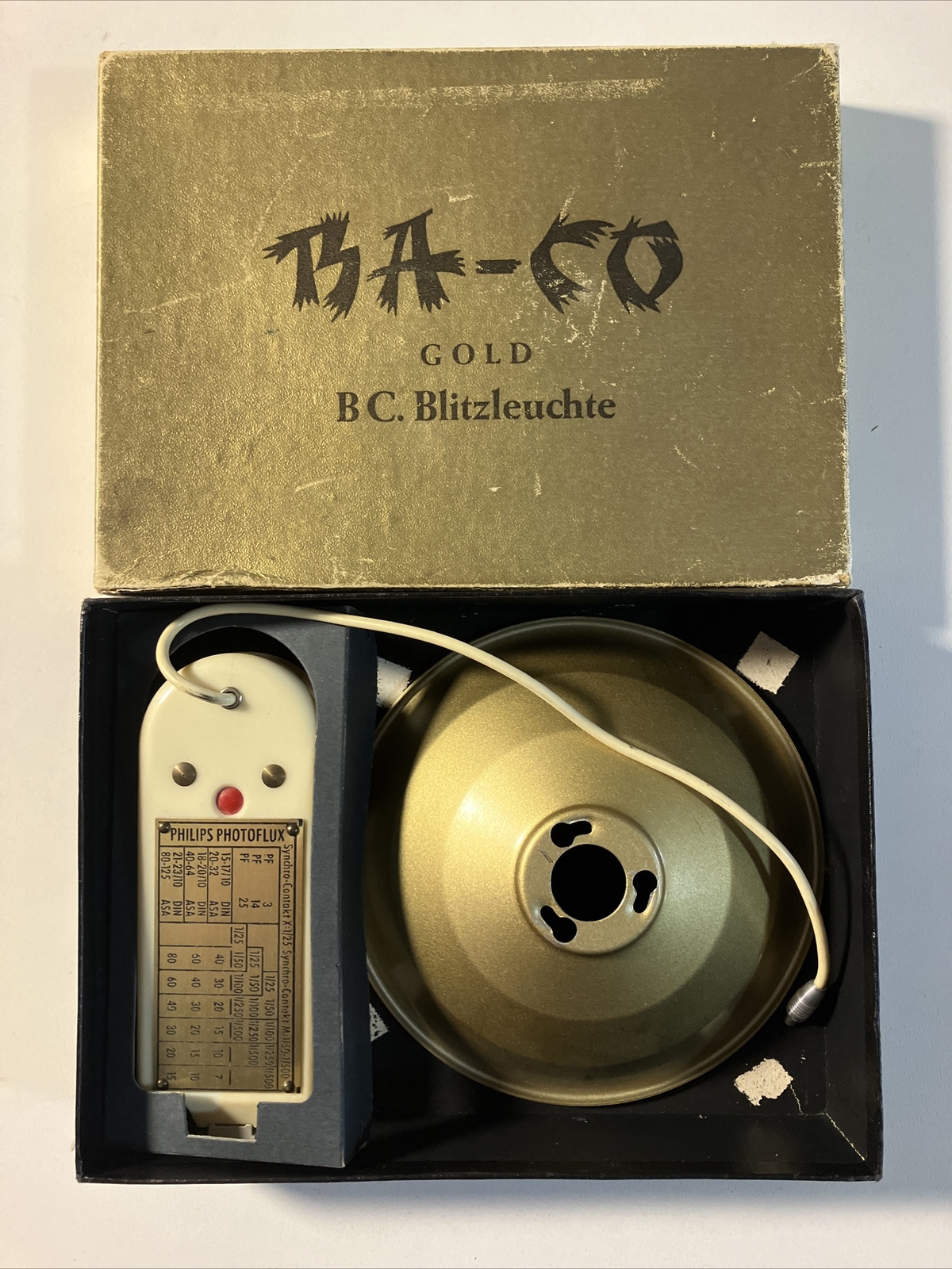 Vintage BA-Co Gold BC. Blitzleuchte Philips Photoflux
