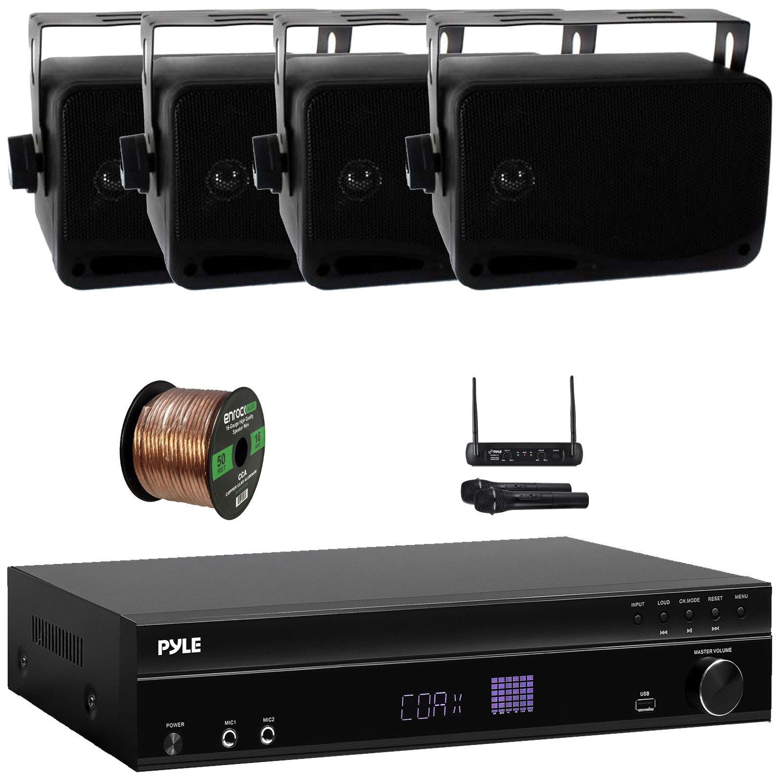 Pyle ARC Hi-Def Receiver, 4x 3.5'' 200W Indoor/Outdoor Speakers + Wireless Mic