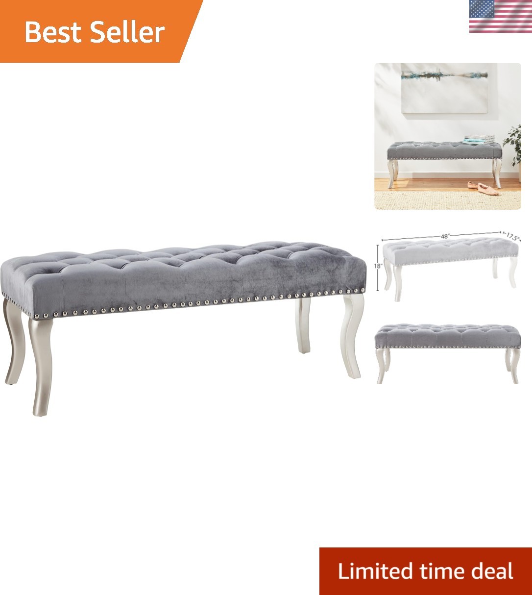 Decor Maxem Tufted Fabric Upholstered Seat with Nailhead Trim Bench, Gray