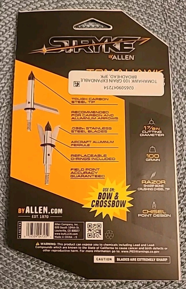 Allen Stryke Tomahawk Expandable 2 Blade 100 GRAIN Broadhead chisel Tip 1-7/8 "