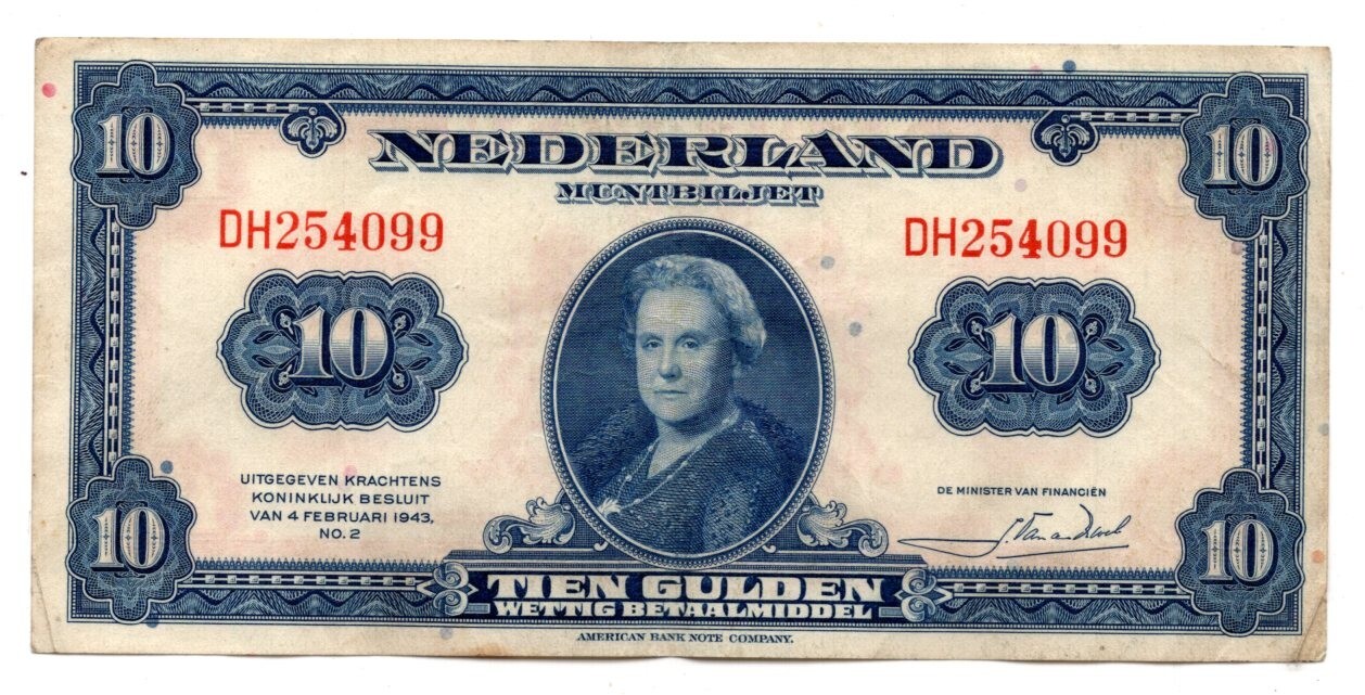 1943 Netherlands Muntbiljet 10 Gulden Note Pick-66 VF+