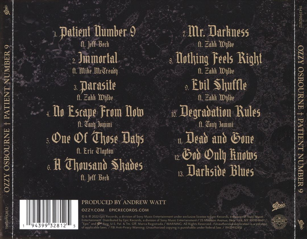 OZZY OSBOURNE PATIENT NUMBER 9 NEW CD