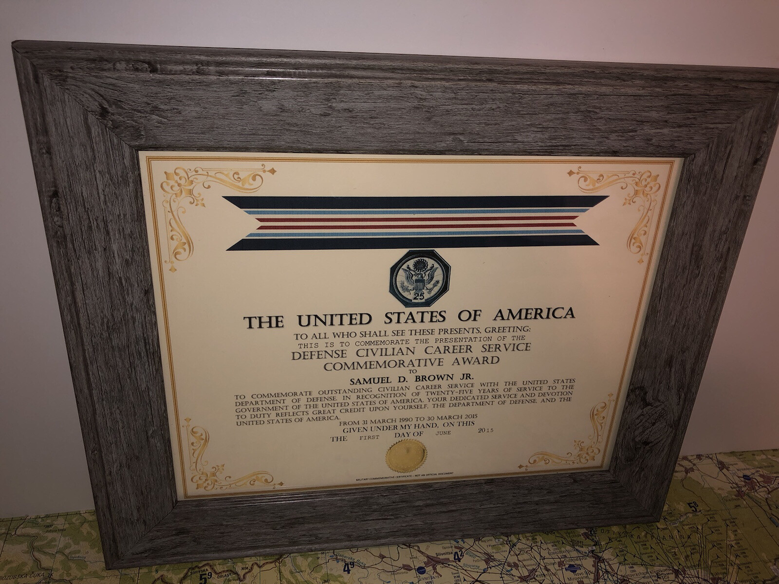 DEFENSE CIVILIAN CAREER 25-YEAR SERVICE COMMEMORATIVE AWARD CERTIFICATE ~ Type-1