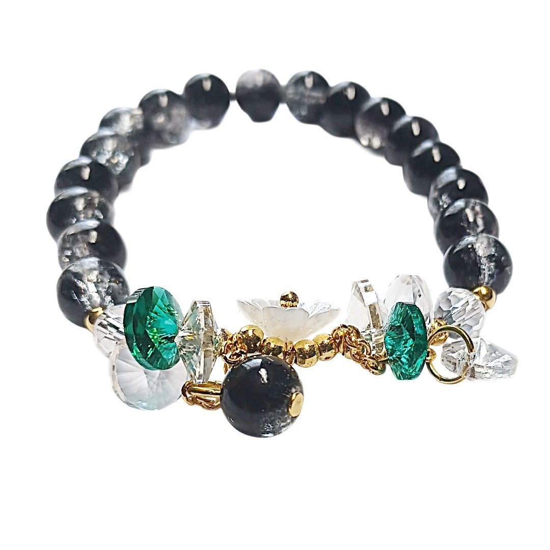 Elegant Chic Black and Clear Crackle Beaded Bracelet With Flower Charm