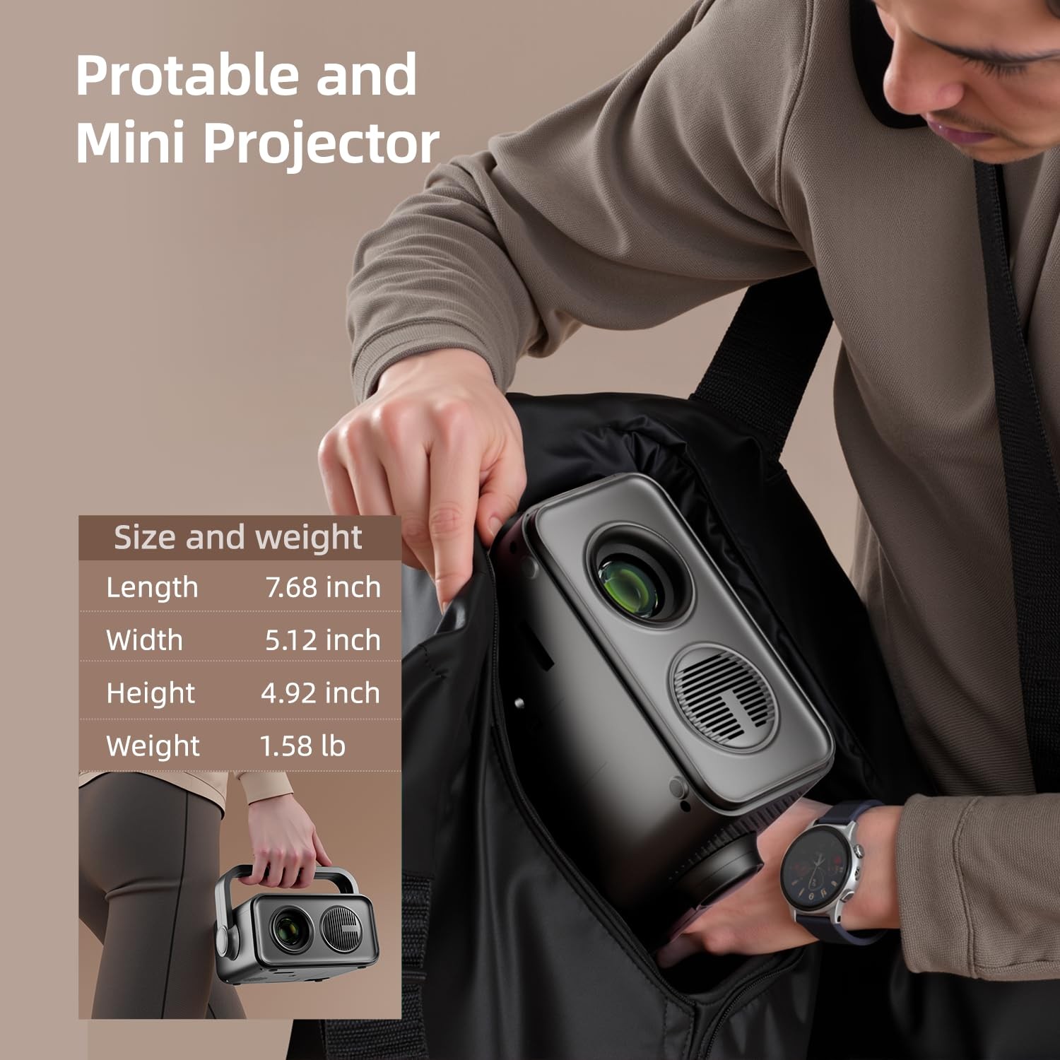 Portable 1080P Mini Projector 360 Adjustable Stand Auto Keystone Bluetooth 5.4