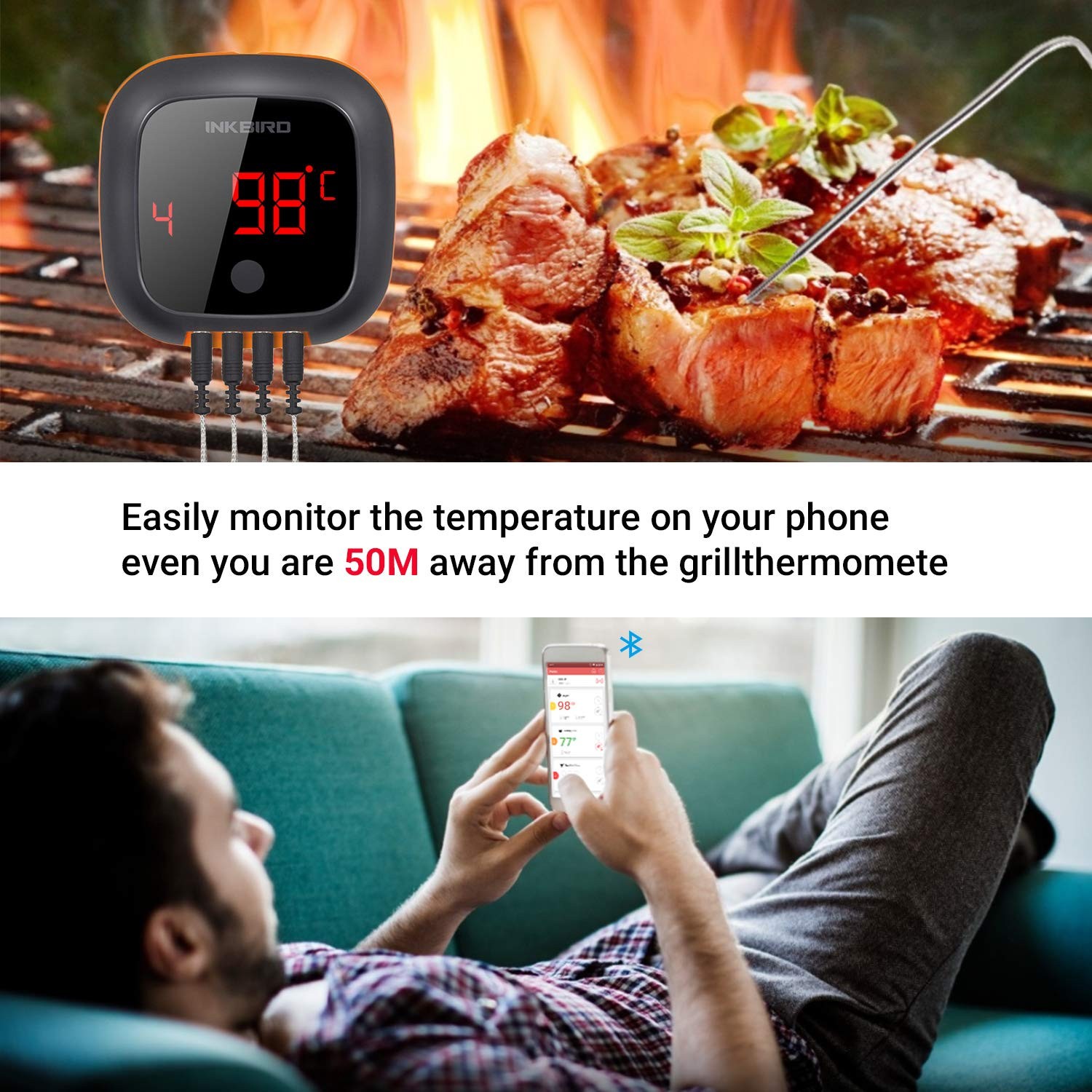 Inkbird Digital Thermometer Bluetooth Meat Smoker Thermometer Probe BBQ Wireless