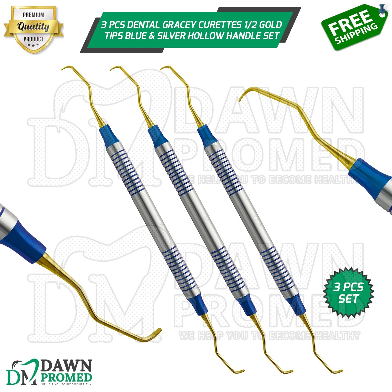 3 Pcs Dental Gracey Curettes 1/2 Gold Coated Tip Blue & Silver Hollow Handle Set