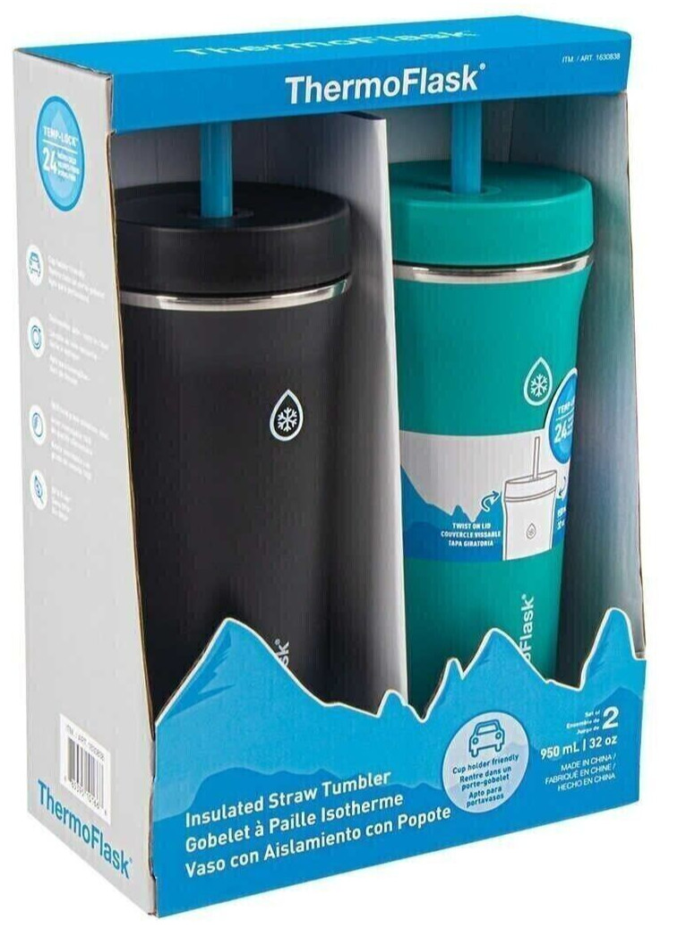 New 32 Oz 2 Pack ThermoFlask Insulated Standard Straw Tumbler Black & Turquoise