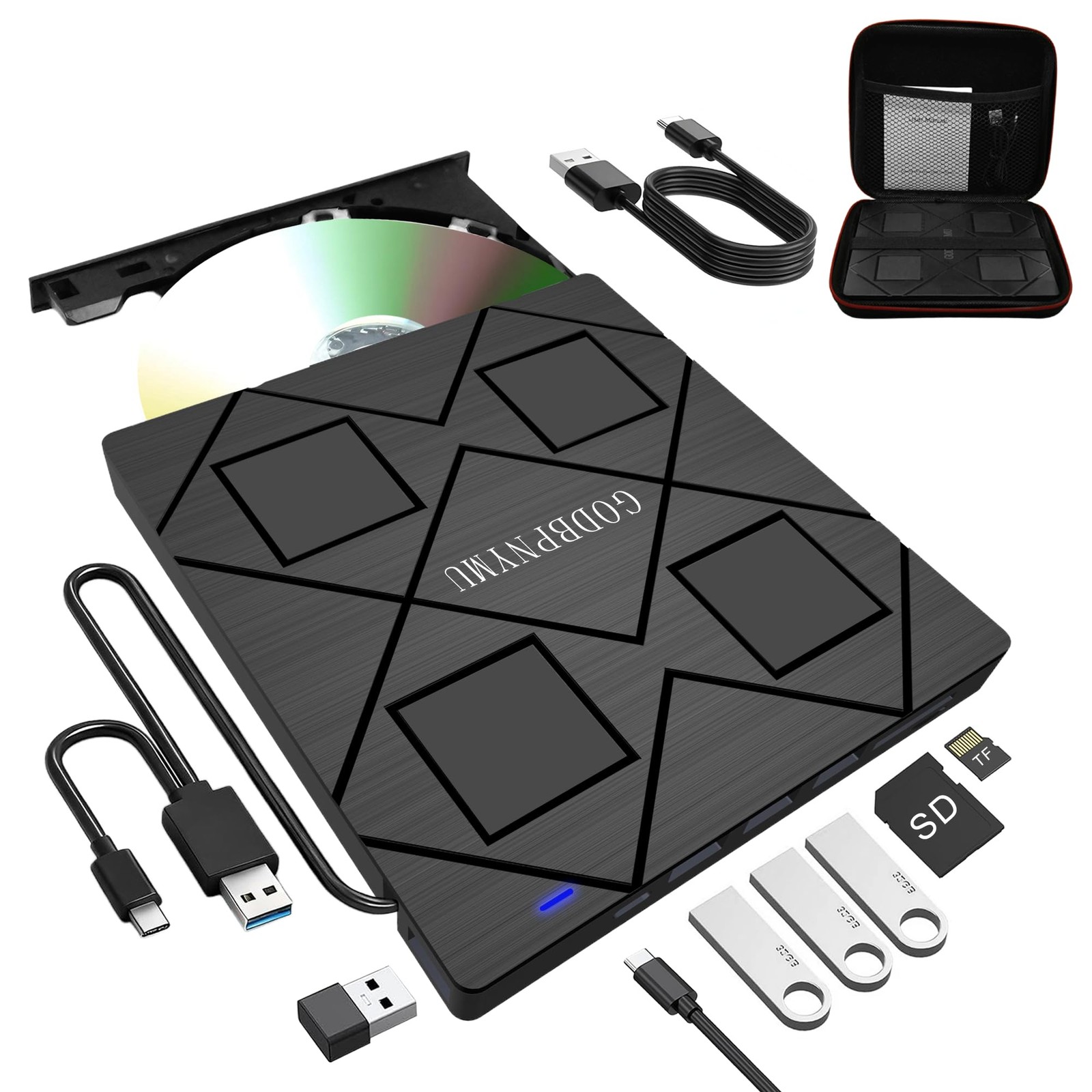 8-in-1 External CD/DVD Drive for Laptop USB-C SD/TF Card Reader | with Carryi...