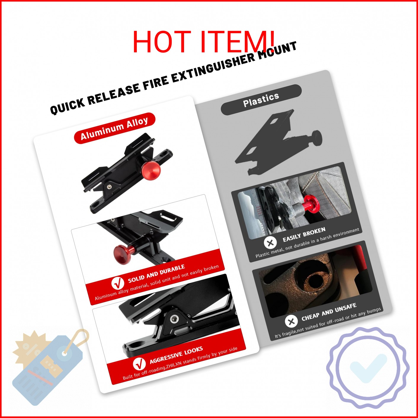 Quick Release Fire Extinguisher Mount - Aluminum Adjustable UTV Roll Bar Fire Ex