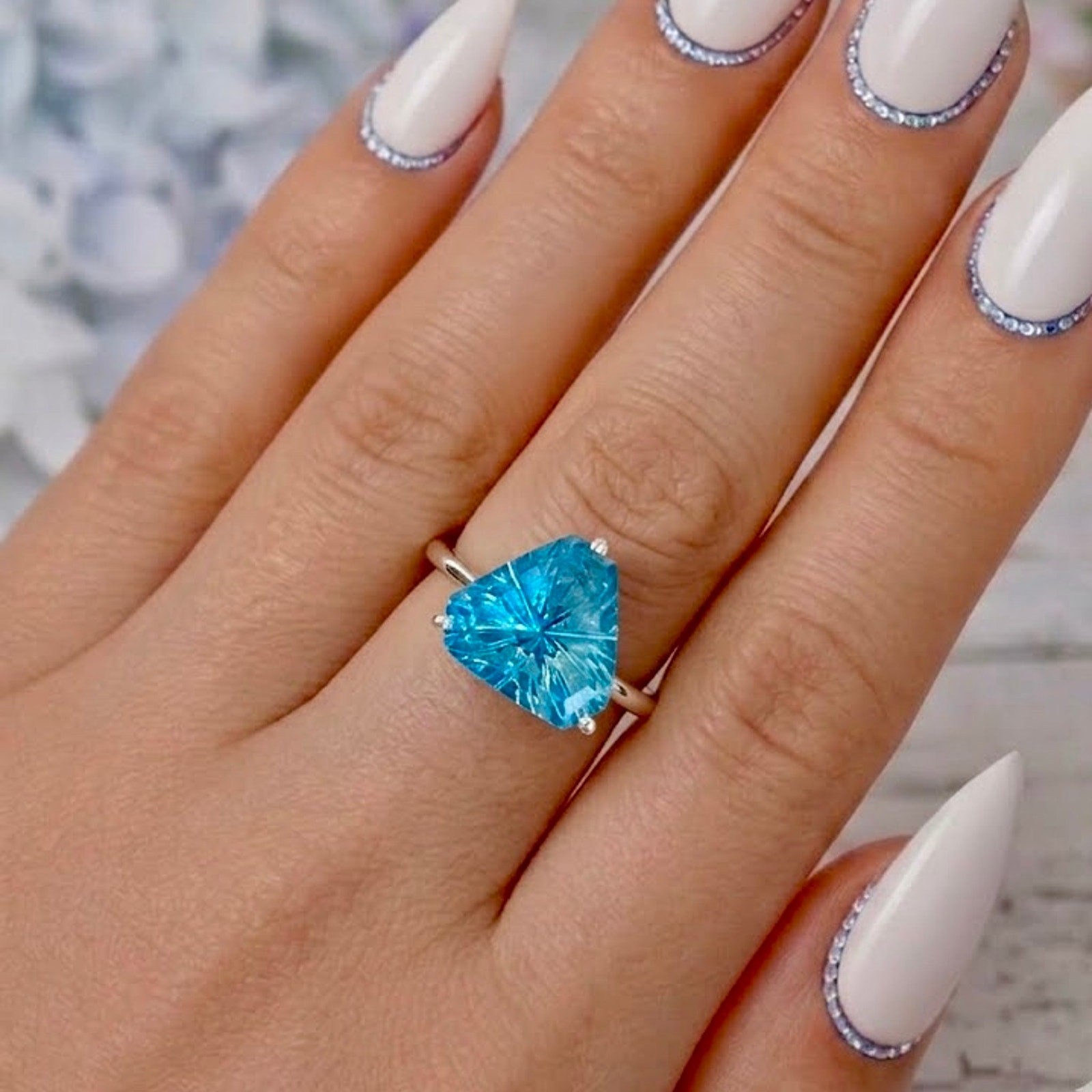 Blue Topaz Trillion Statement Ring | Solid 925 Silver •| Sz 9