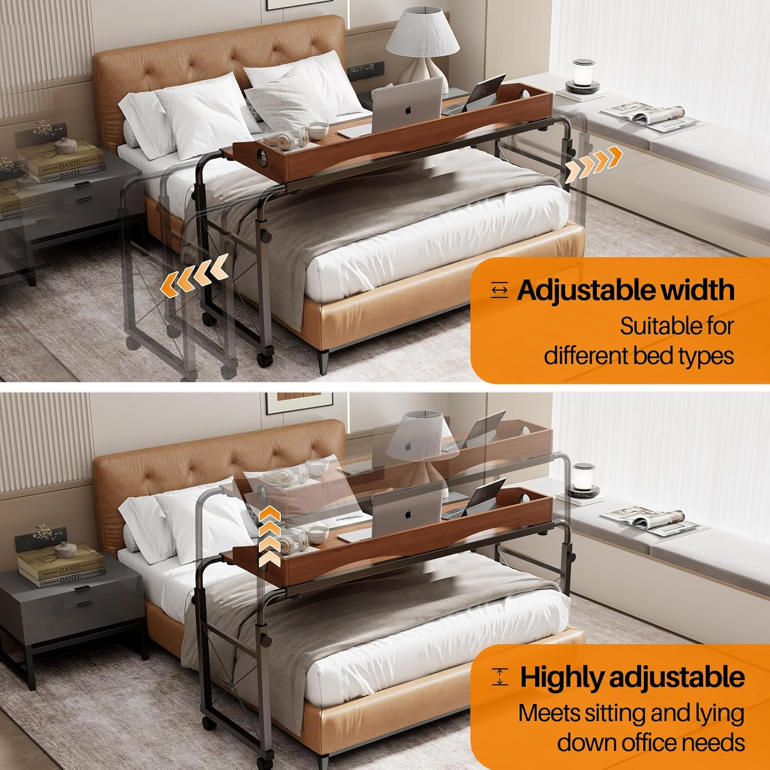 Laptop Desk for Bed, Adjustable Height & Length Laptop Bed Table,Overbed Table w