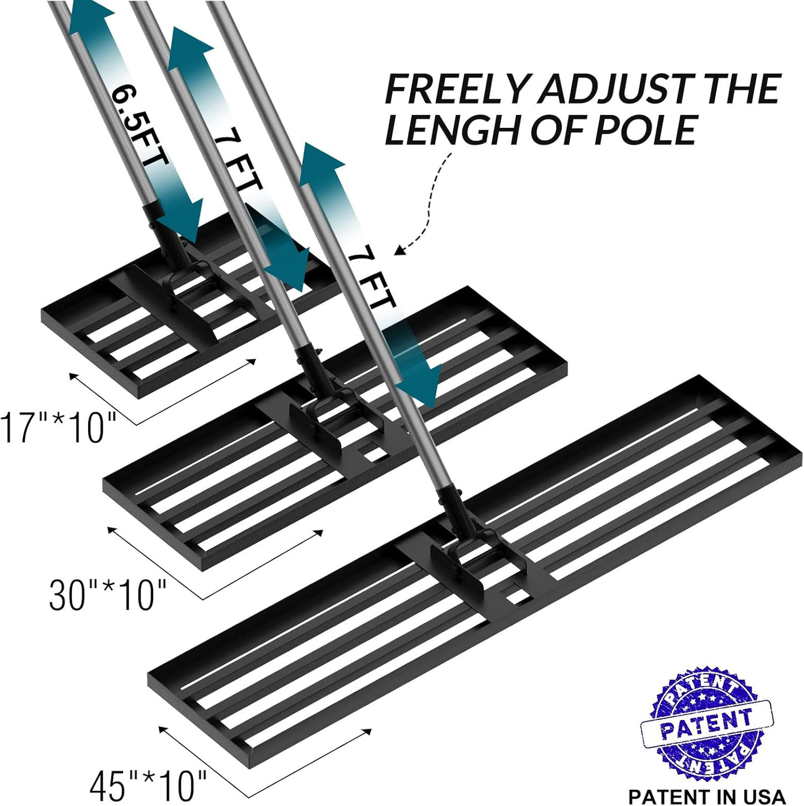 Large Lawn Leveling Rake 45x10 Steel Head 7FT Handle for Soil Sand Smoothing