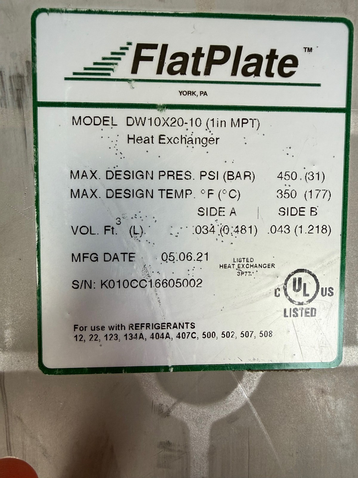 Flatplate Brand (USA) Double Wall Heat Exchanger for Potable Water DW10X20-10 1"