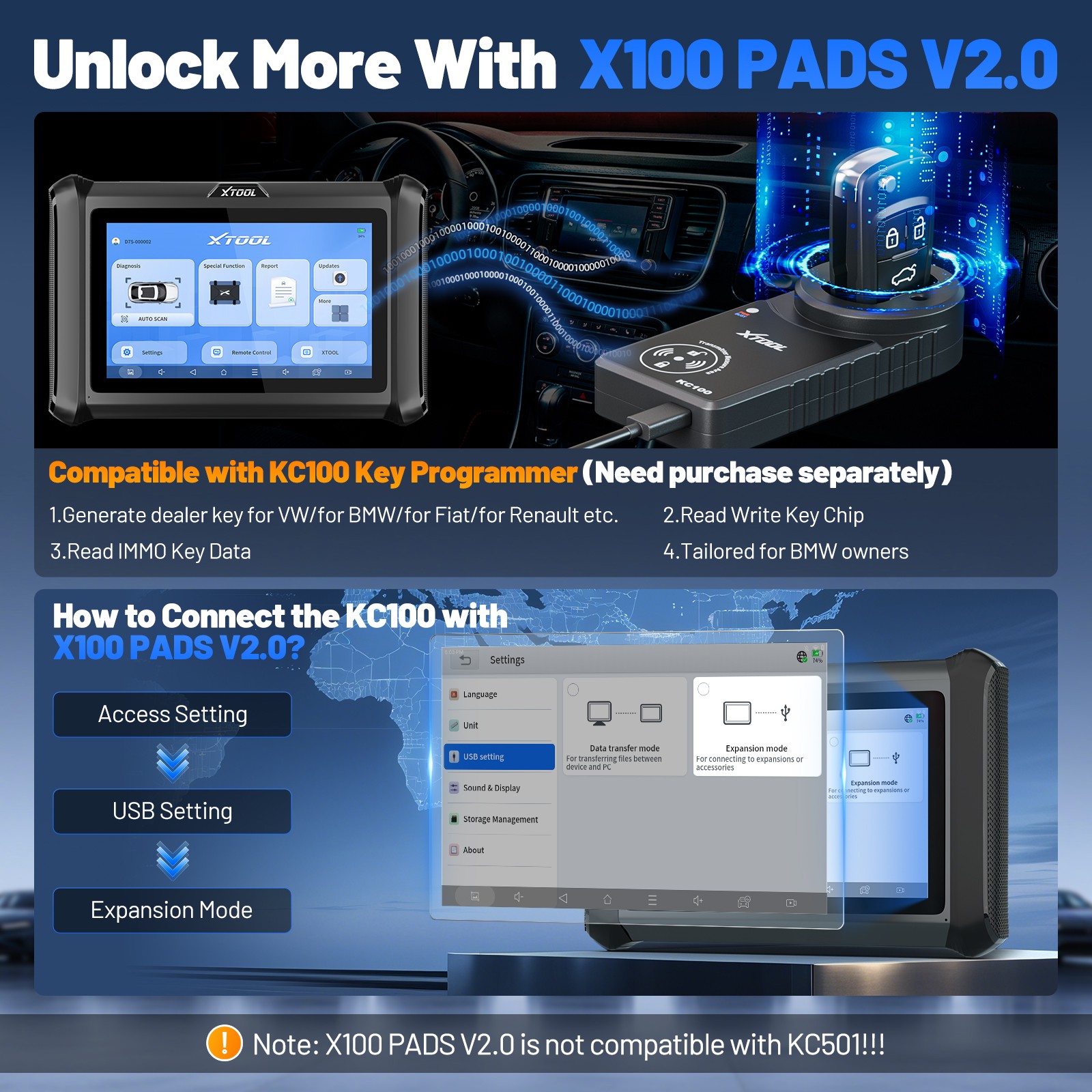 XTOOL X100PADS Immobilizer Key Programmer OBD2 Scanner Diagnostic Tool 32+ Reset