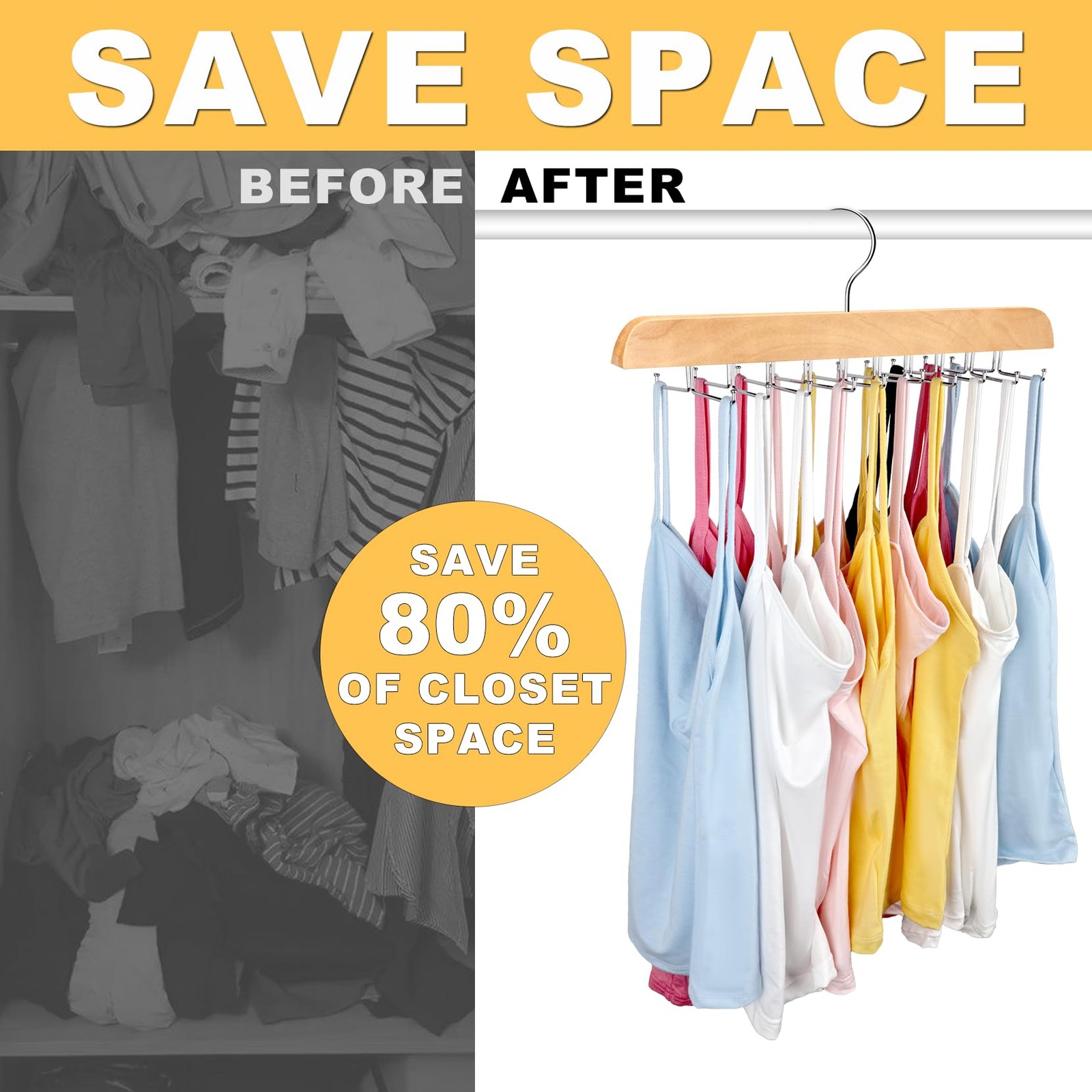 Tank Top Hanger with Premium Wood, 20 Large Capacity, Space Saving,360 Degree...