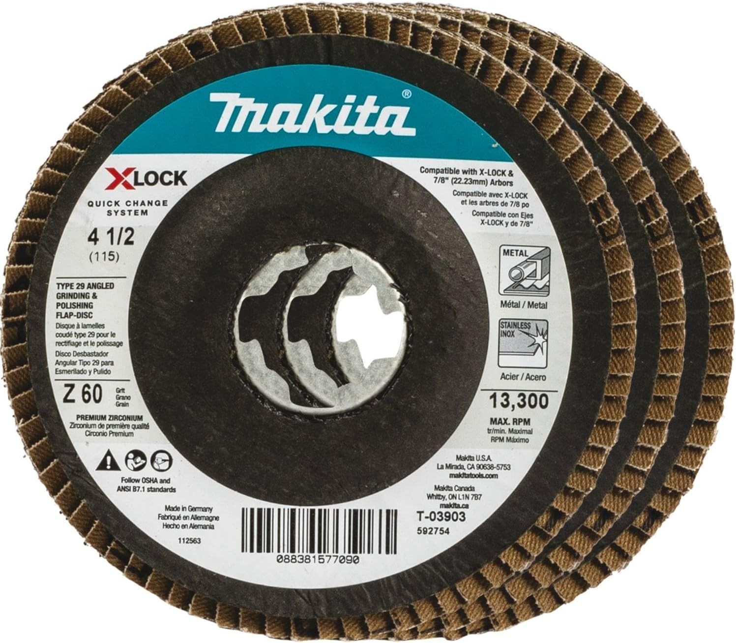 T-03903-3 X-Lock 4‑1/2" 60 Grit Type 29 Angled Grinding and Polishing Flap Disc