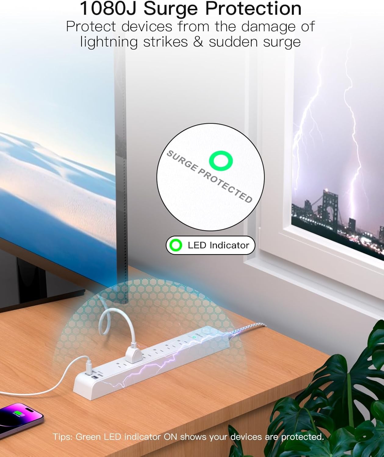 Protector Power Strip 10 ft with 4 USB Ports 2 USB-C 6 AC Outlets, Flat Plug