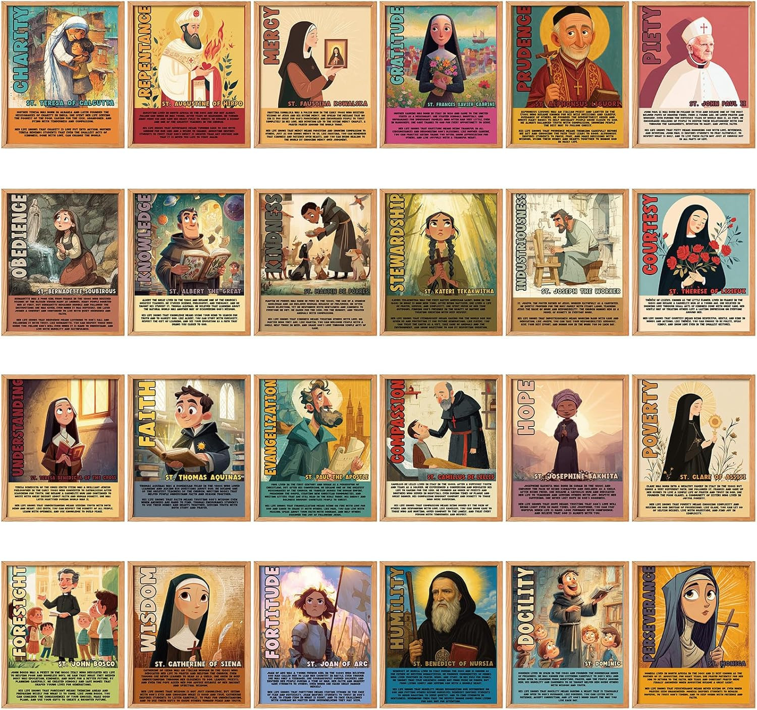Catholic Posters Set - 24 Pack of 8x10 Bible Virtues & Saint Quotes for Classroo