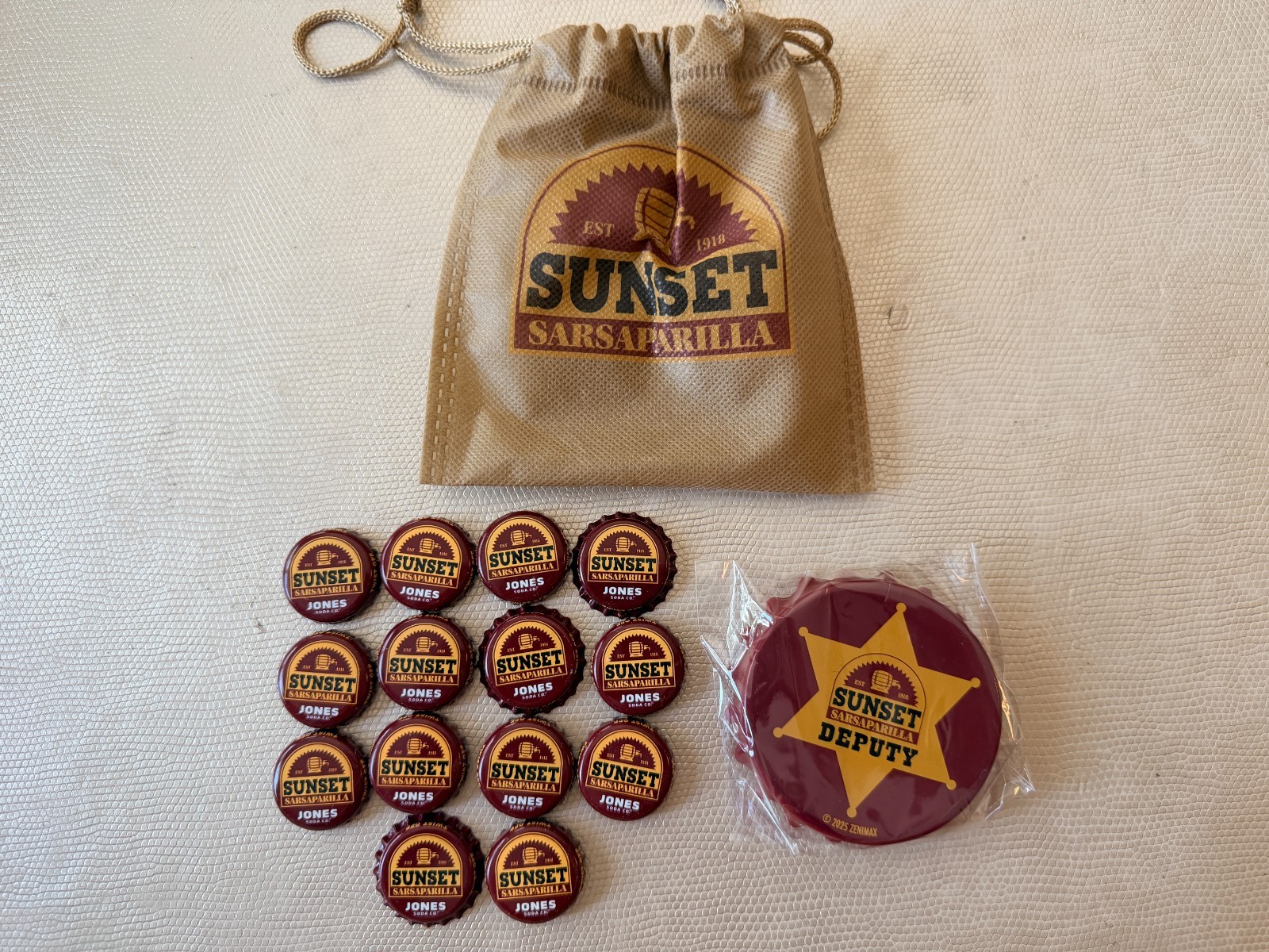 Fallout Sunset Sarsaparilla Jones Soda 14 Bottlecaps including 2 Blue Star Caps!