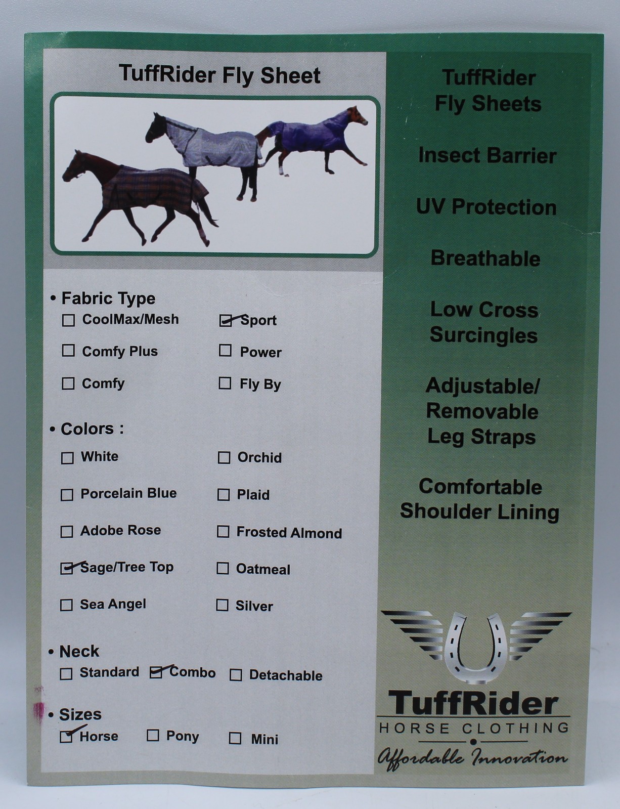 TuffRider Sport Mesh Combo Neck Horse Fly Sheet, Sage/Tree Top Size 75