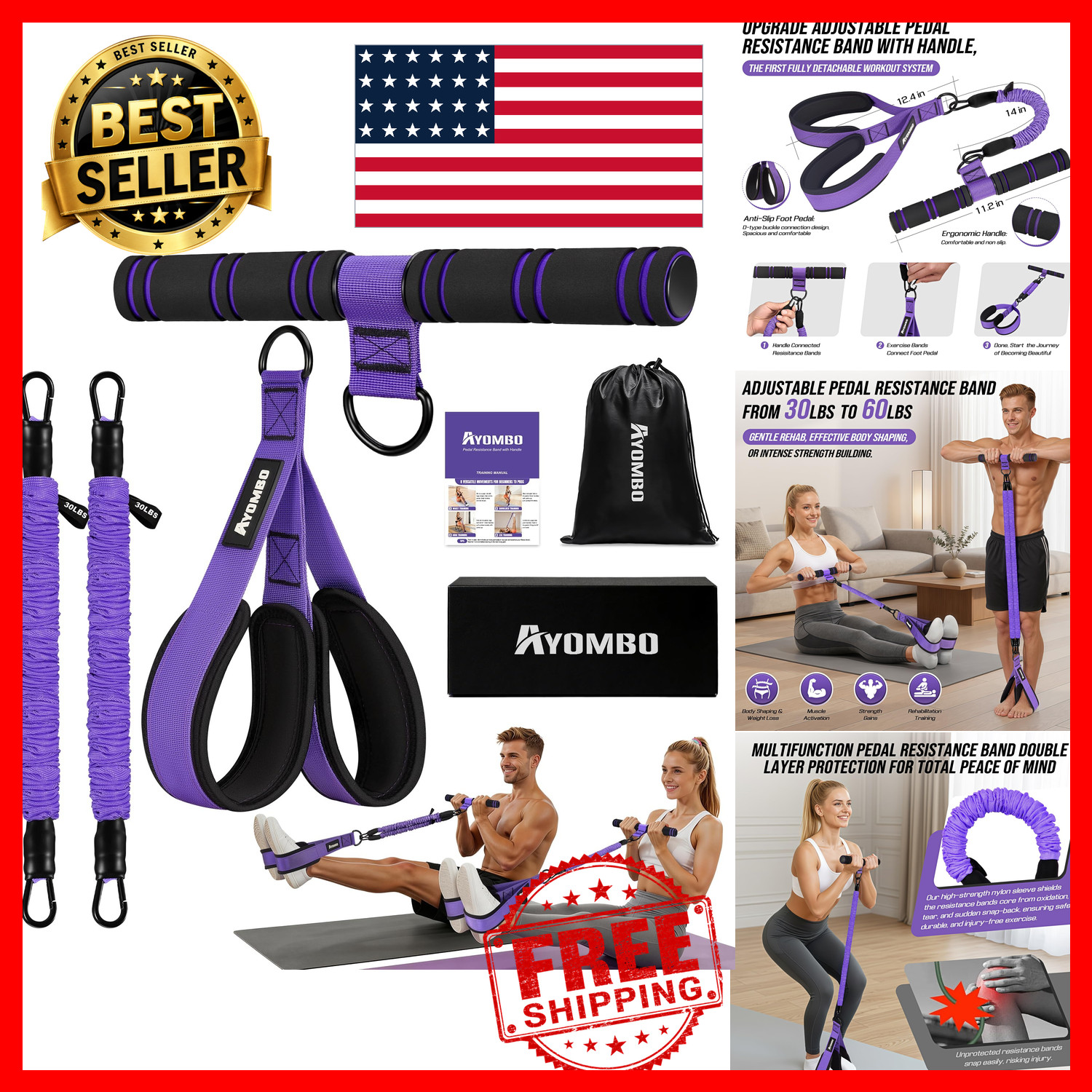 Pedal Resistance Band Adjustable Tube Latex Nylon Handle Abs Sit-Up Home Gym