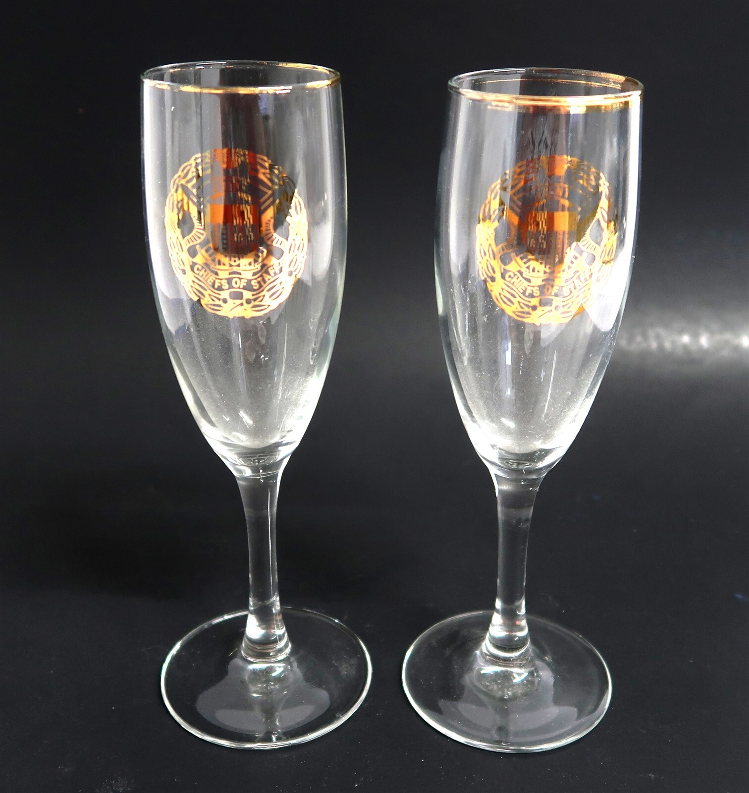 2 Vintage 1980's JOINT CHIEFS OF STAFF Military Insignia Champagne Glasses 8.25"