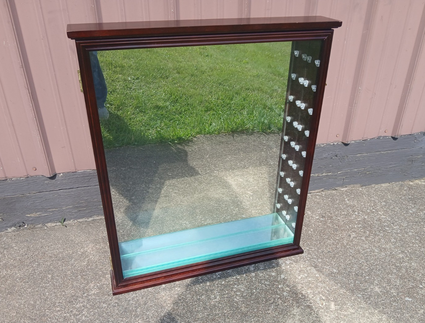 Vintage Mirror Mahogany Showcase Cabinet with Glass Shelves Wall Decor 1980s