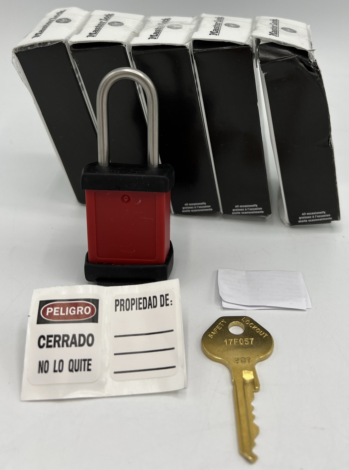 Lot of 5 Master Lock Padlock, Keyed the Same, S31 Red Safety Series Lock Out Tag