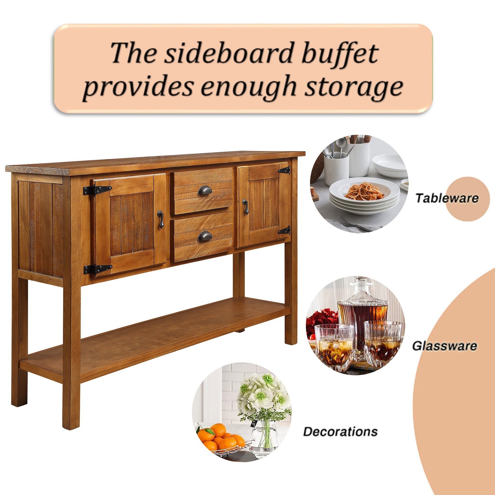 46'' Solid Wood Sideboard Retro Console Table with 2 Drawers & Cabinets