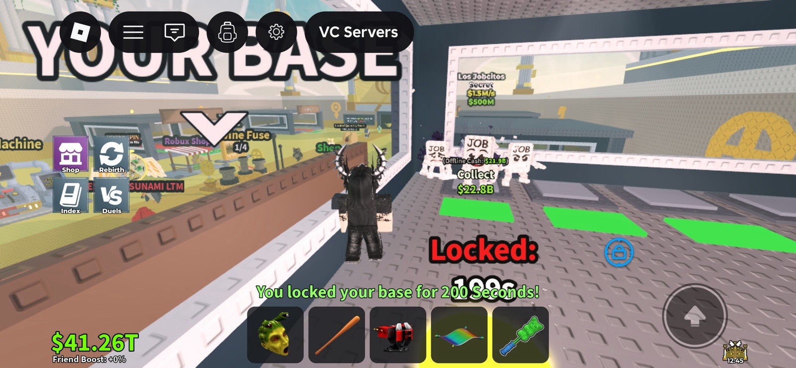 Roblox Game Base Screenshot with Currency, Items, and Assets