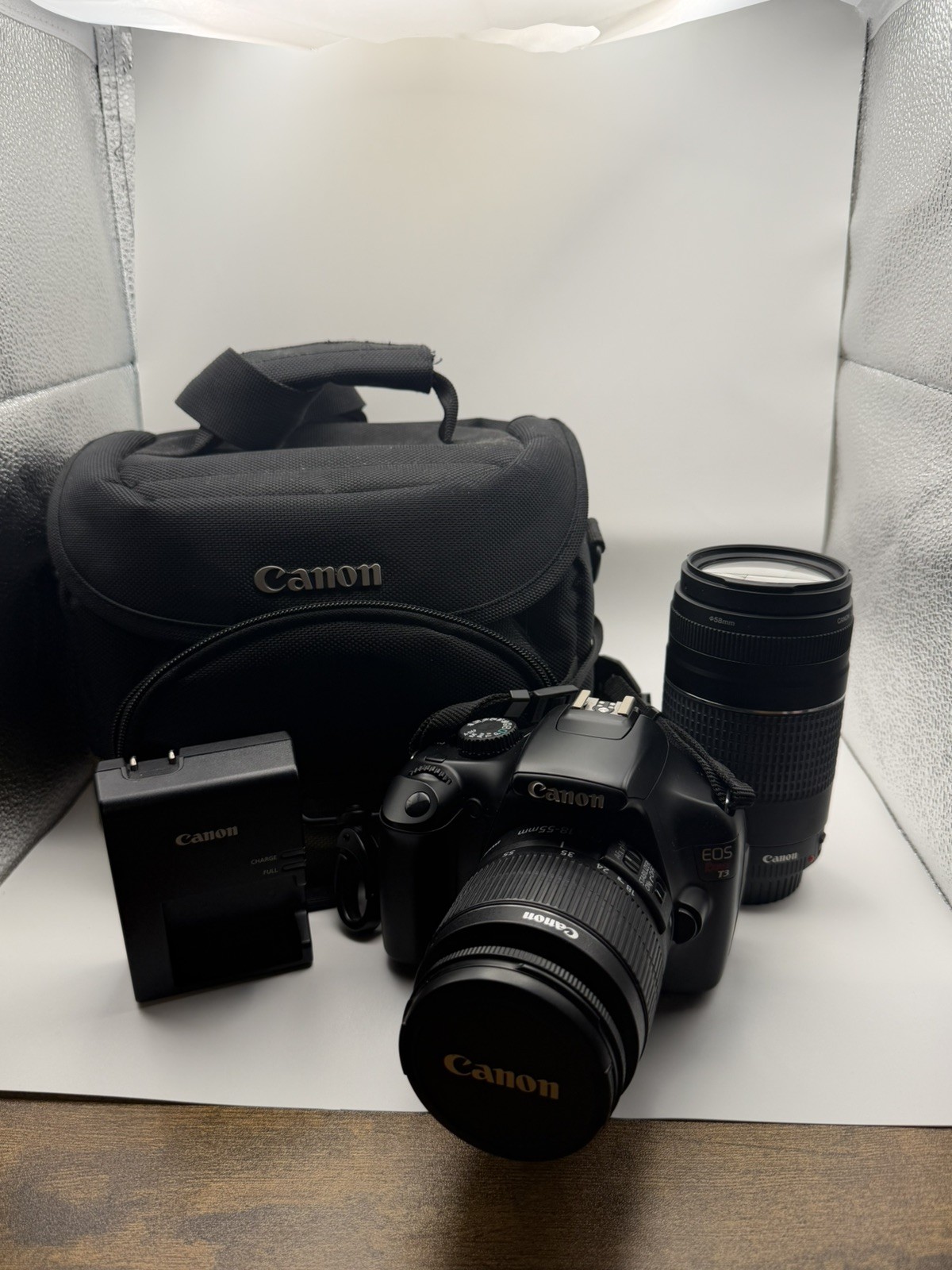 Canon Rebel T3 Camera With 18-55mm & 75-300mm Lenses; Camera bag & Charger