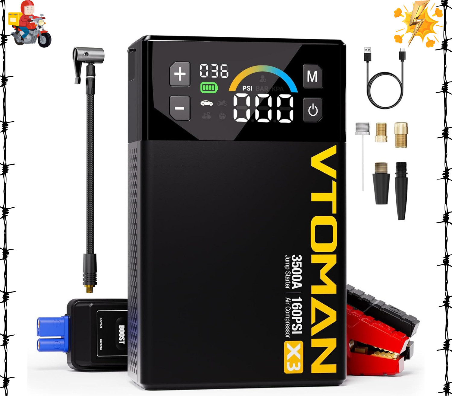 VTOMAN X3 Jump Starter with Air Compressor, 3500A Portable Car Battery Jumper...