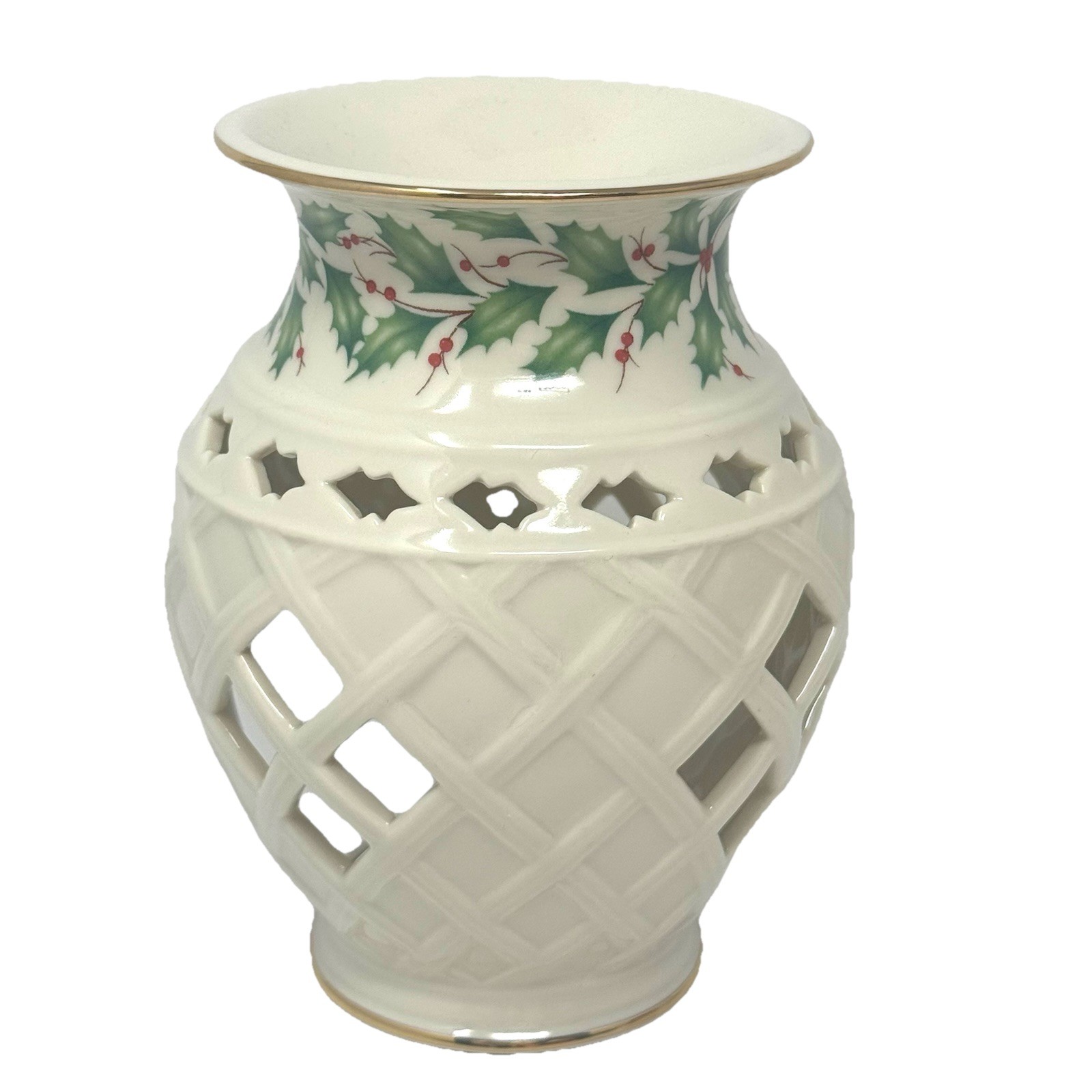 Lennox Holly Berry Porcelain Wax Tart Warmer 22K Gold Trim  6” Christmas Holiday