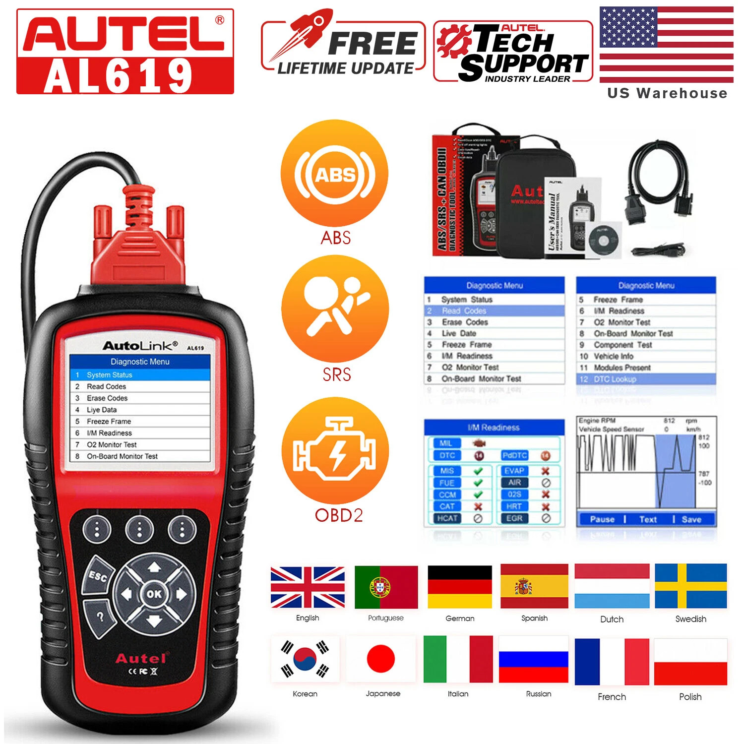 Autel AutoLink AL619 Scanner 2026 Newest Car ABS SRS & CAN OBD2 Diagnostic Tool